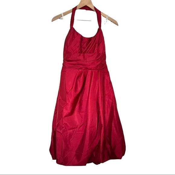 DAVID’S BRIDAL Halter Pleated Sleeveless Empire Waist Bubble Skirt Midi Dress 4 - Picture 2 of 4